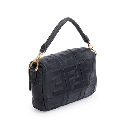 Fendi Black FF Embossed Nappa Leather Mini Be Baguette Bag