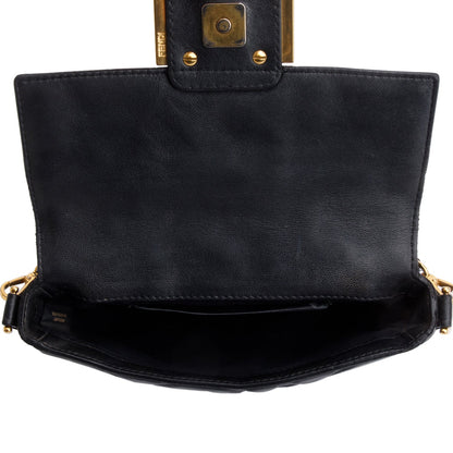 Fendi Black FF Embossed Nappa Leather Mini Be Baguette Bag