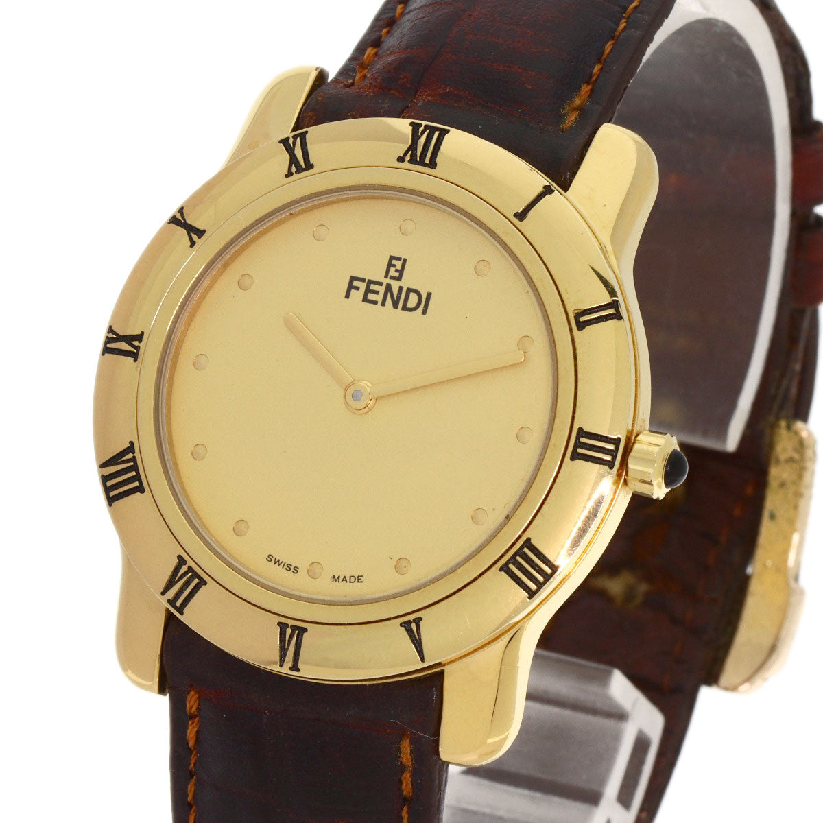 FENDI Watches Quartz 850G Gold Plated, Leather gold Round face gold dial mens