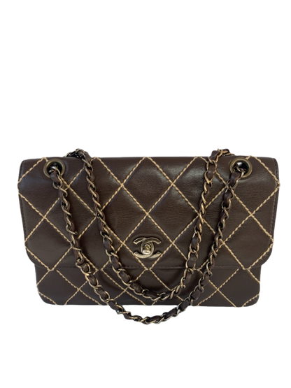 Chanel Wild Stitch Flap Brown Leather with Beige Stitching Detail