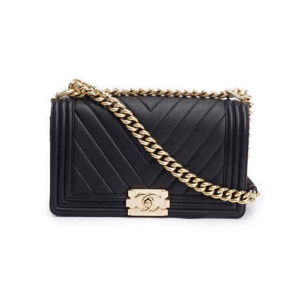Chanel Black Chevron Quilted Lambskin Leather Medium Boy Bag