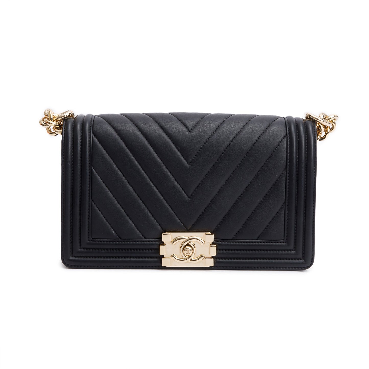 Chanel Black Chevron Quilted Lambskin Leather Medium Boy Bag