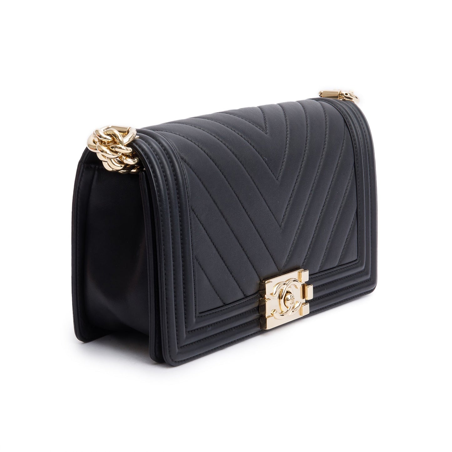 Chanel Black Chevron Quilted Lambskin Leather Medium Boy Bag