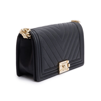 Chanel Black Chevron Quilted Lambskin Leather Medium Boy Bag