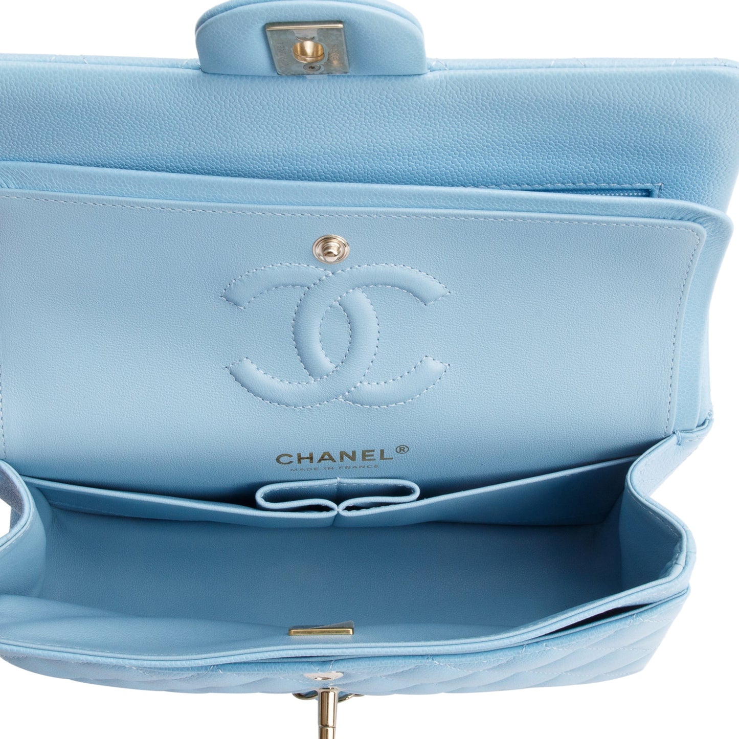 Chanel Light Blue Quilted Caviar Leather Classic Medium Double Flap Bag