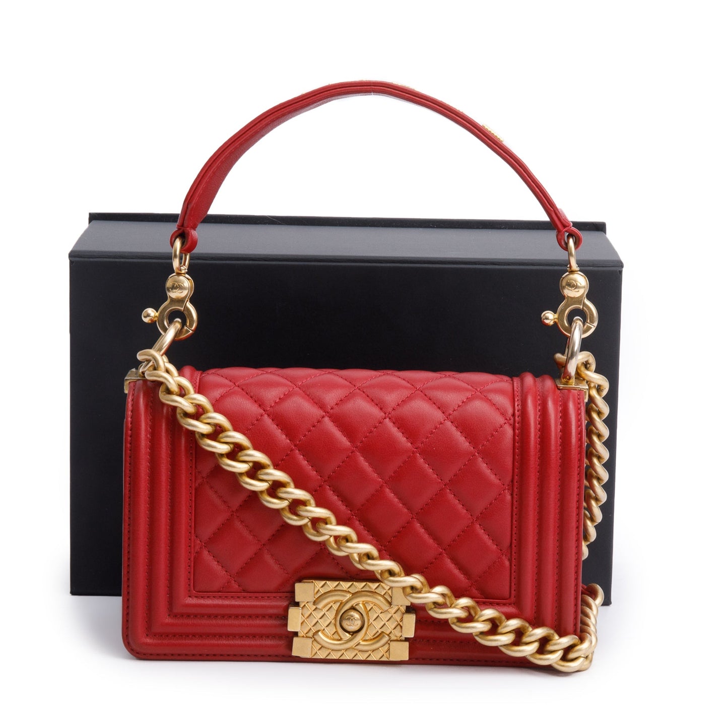 Chanel 2020 Red Quilted Lambskin Leather Small Logo Top Handle Boy Bag