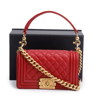 Chanel 2020 Red Quilted Lambskin Leather Small Logo Top Handle Boy Bag