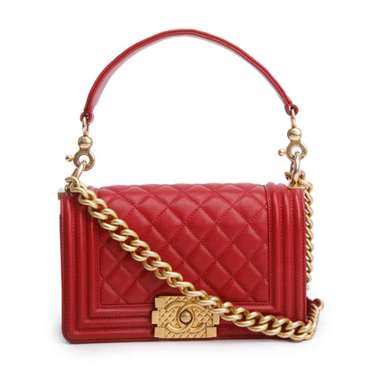 Chanel 2020 Red Quilted Lambskin Leather Small Logo Top Handle Boy Bag