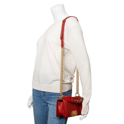 Chanel 2020 Red Quilted Lambskin Leather Small Logo Top Handle Boy Bag