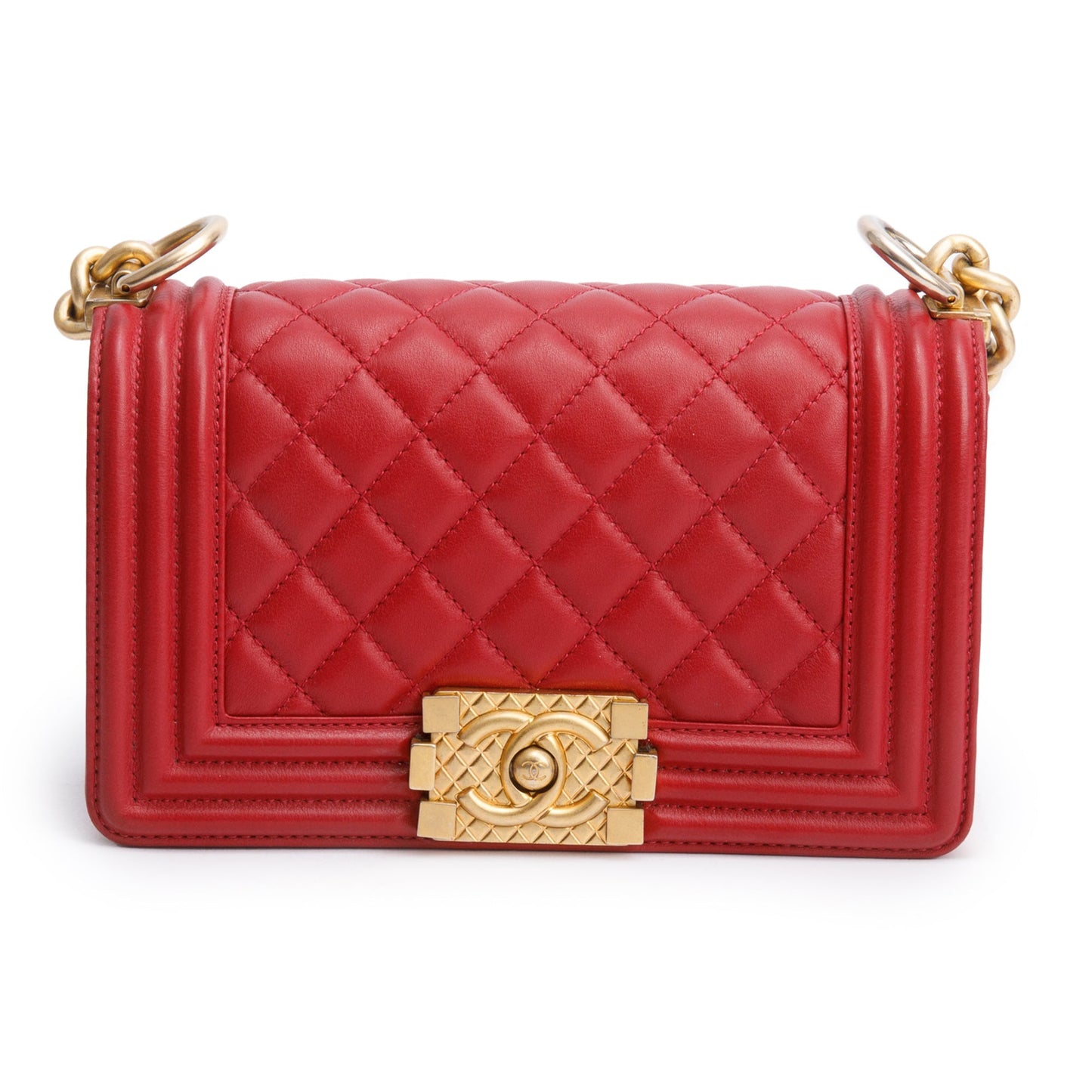 Chanel 2020 Red Quilted Lambskin Leather Small Logo Top Handle Boy Bag