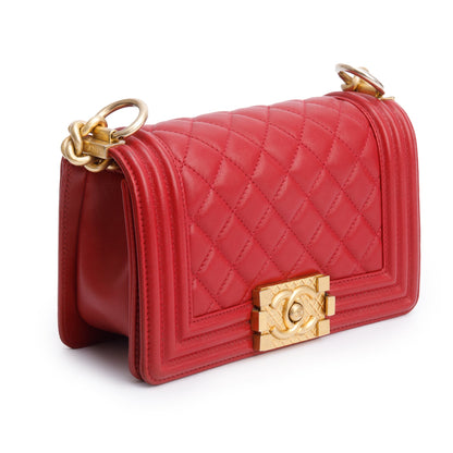 Chanel 2020 Red Quilted Lambskin Leather Small Logo Top Handle Boy Bag