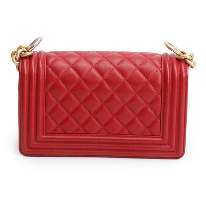 Chanel 2020 Red Quilted Lambskin Leather Small Logo Top Handle Boy Bag