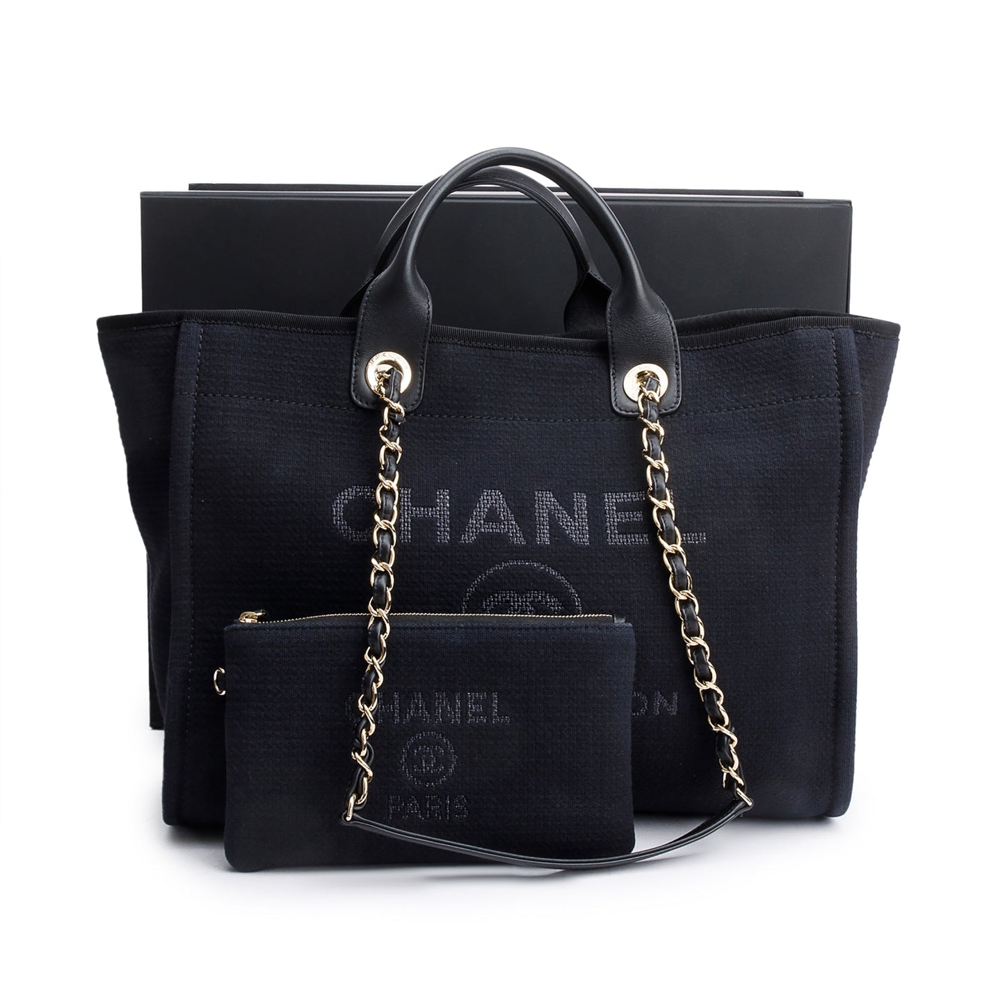 Chanel 2024 Black Canvas Calfskin Leather Trim Medium Deauville Shopping Tote