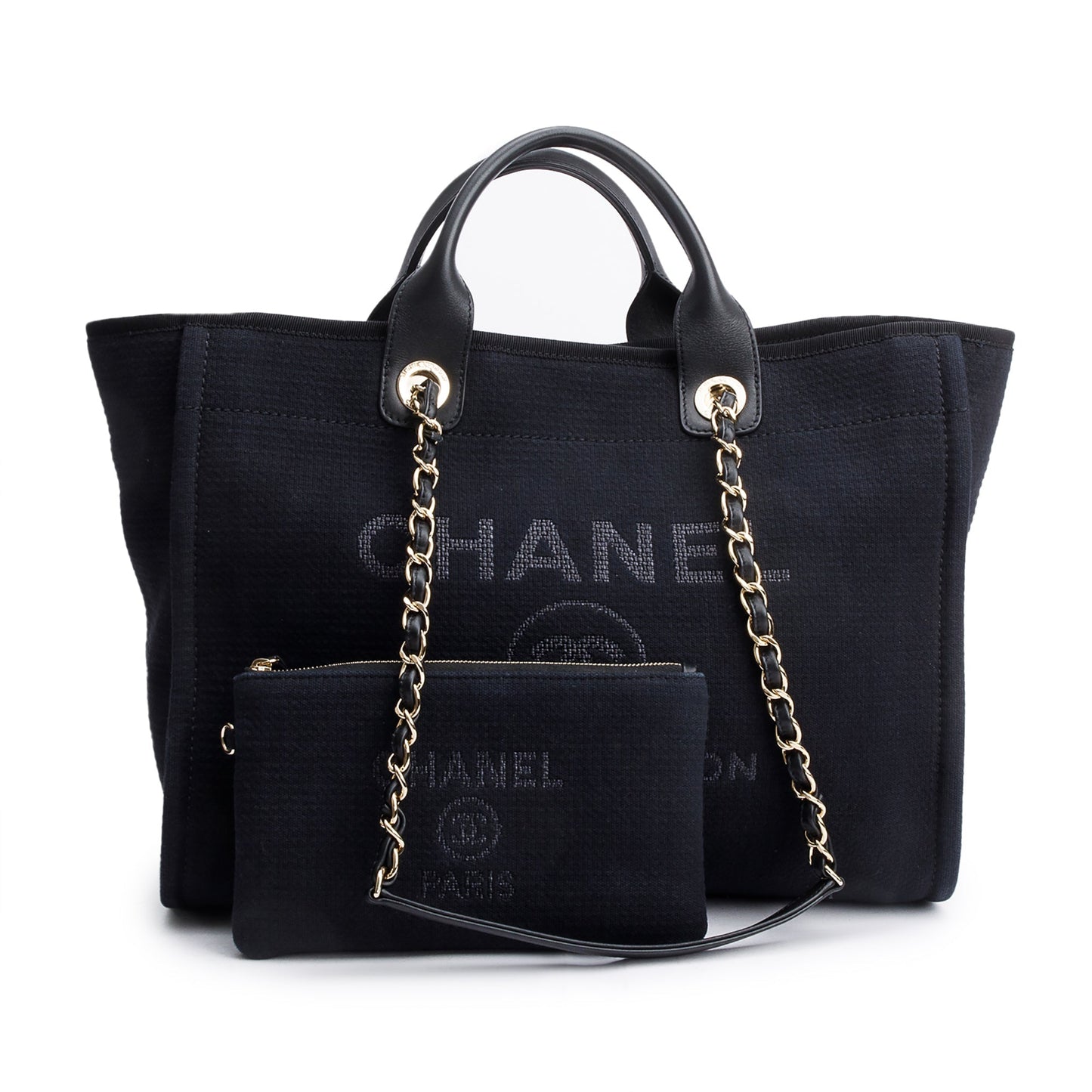 Chanel 2024 Black Canvas Calfskin Leather Trim Medium Deauville Shopping Tote