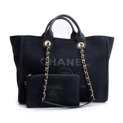 Chanel 2024 Black Canvas Calfskin Leather Trim Medium Deauville Shopping Tote