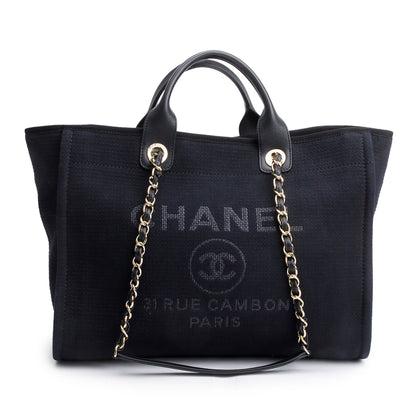 Chanel 2024 Black Canvas Calfskin Leather Trim Medium Deauville Shopping Tote