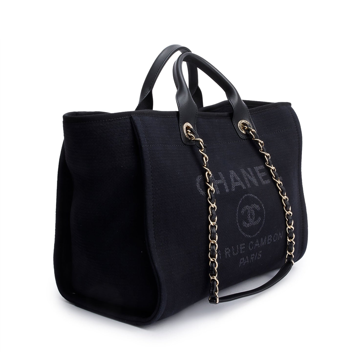 Chanel 2024 Black Canvas Calfskin Leather Trim Medium Deauville Shopping Tote