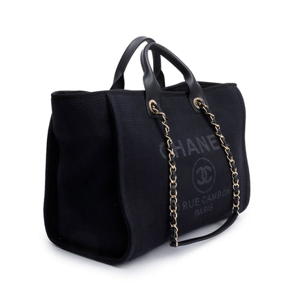 Chanel 2024 Black Canvas Calfskin Leather Trim Medium Deauville Shopping Tote