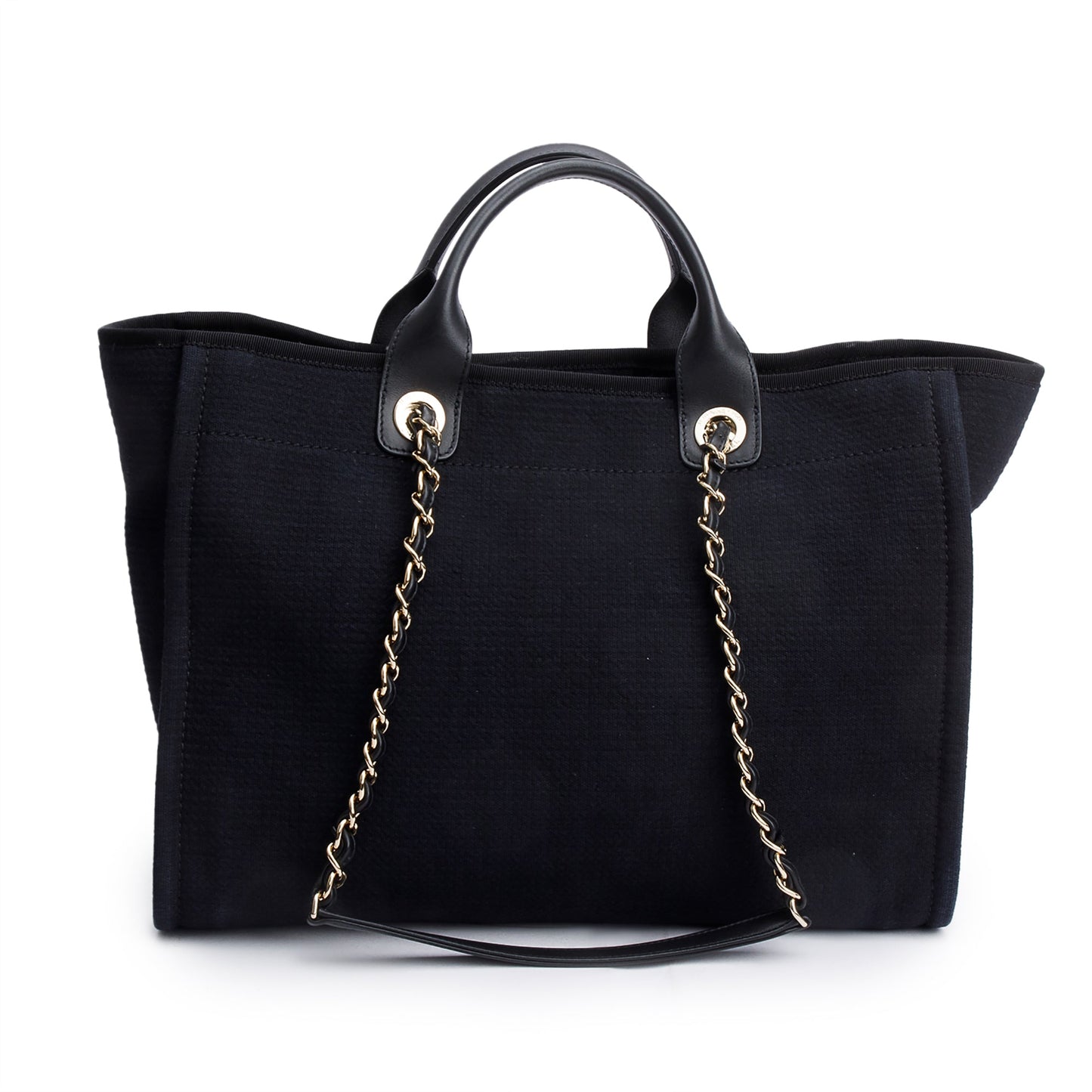 Chanel 2024 Black Canvas Calfskin Leather Trim Medium Deauville Shopping Tote