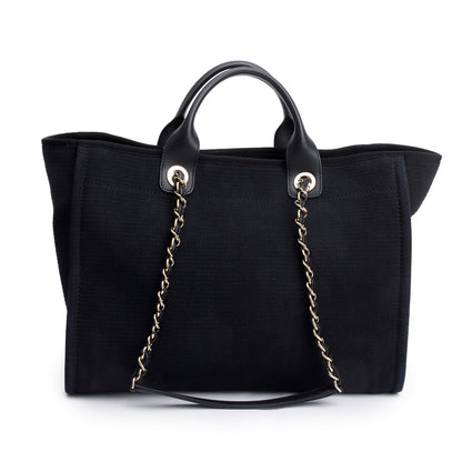 Chanel 2024 Black Canvas Calfskin Leather Trim Medium Deauville Shopping Tote