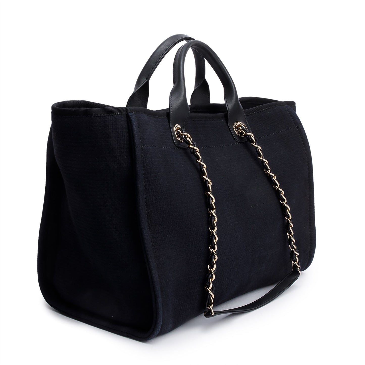 Chanel 2024 Black Canvas Calfskin Leather Trim Medium Deauville Shopping Tote