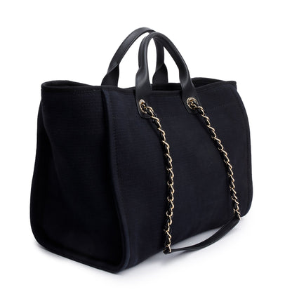 Chanel 2024 Black Canvas Calfskin Leather Trim Medium Deauville Shopping Tote