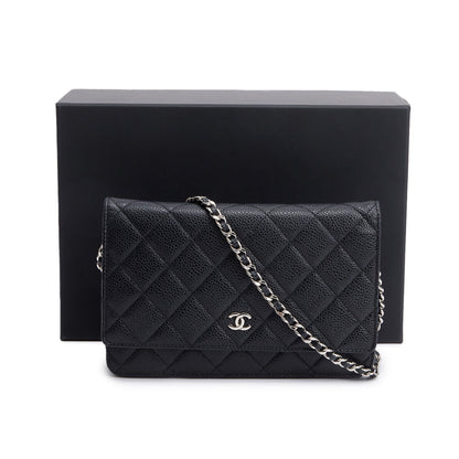 Chanel Black Quilted Caviar Leather Classic Wallet on Chain