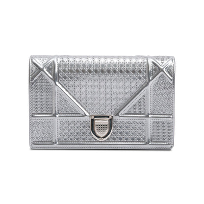 Christian Dior Metallic Silver Microcannage Patent Leather Diorama Wallet on Chain