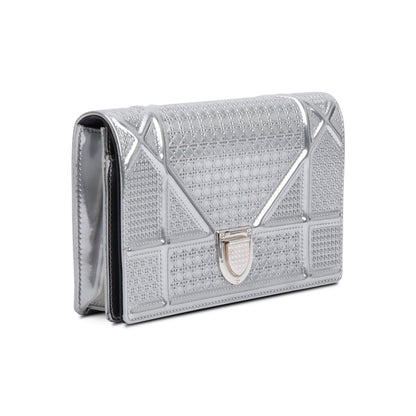 Christian Dior Metallic Silver Microcannage Patent Leather Diorama Wallet on Chain
