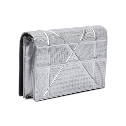 Christian Dior Metallic Silver Microcannage Patent Leather Diorama Wallet on Chain
