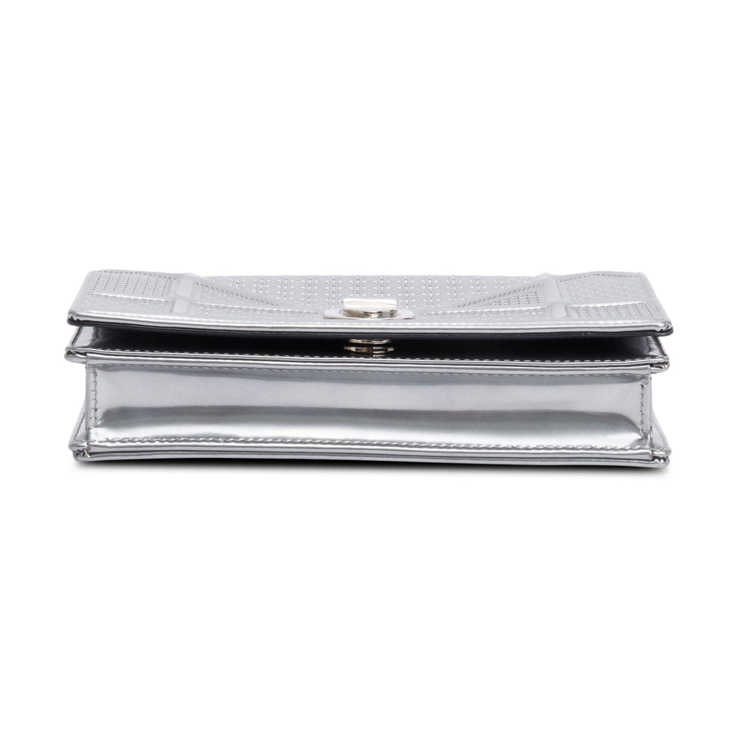 Christian Dior Metallic Silver Microcannage Patent Leather Diorama Wallet on Chain