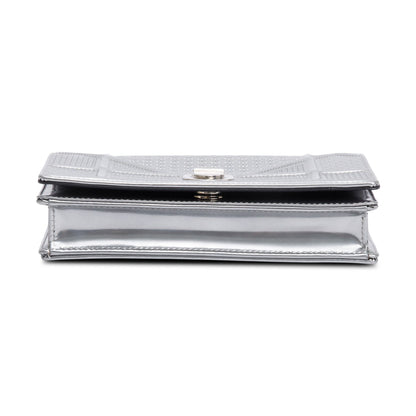 Christian Dior Metallic Silver Microcannage Patent Leather Diorama Wallet on Chain
