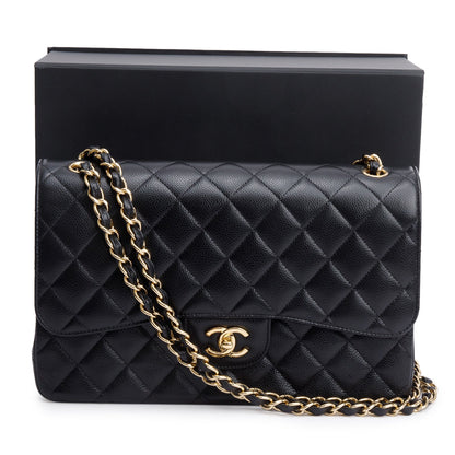 Chanel Black Quilted Caviar Leather Classic Jumbo Double Flap Bag