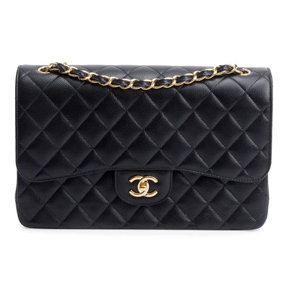 Chanel Black Quilted Caviar Leather Classic Jumbo Double Flap Bag