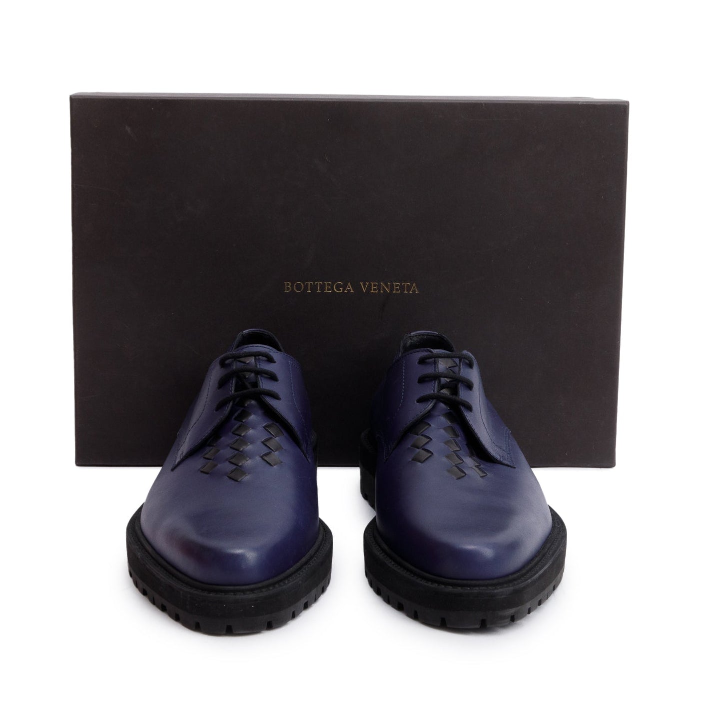 Bottega Veneta Blue Nappa Intrecciato Leather Derby Shoes, Size 43