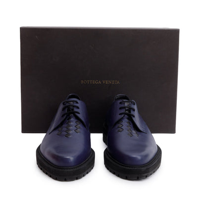 Bottega Veneta Blue Nappa Intrecciato Leather Derby Shoes, Size 43