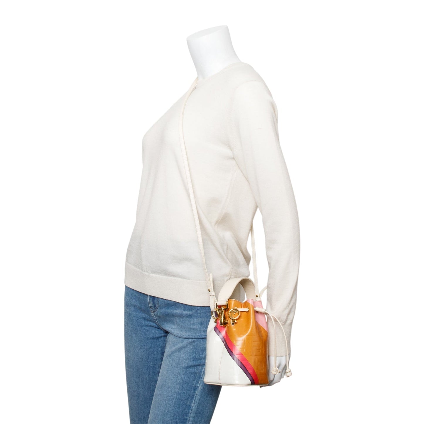 Fendi Multicolor FF Embossed Stripe Calfskin Leather Mini Mon Tresor Bucket Bag