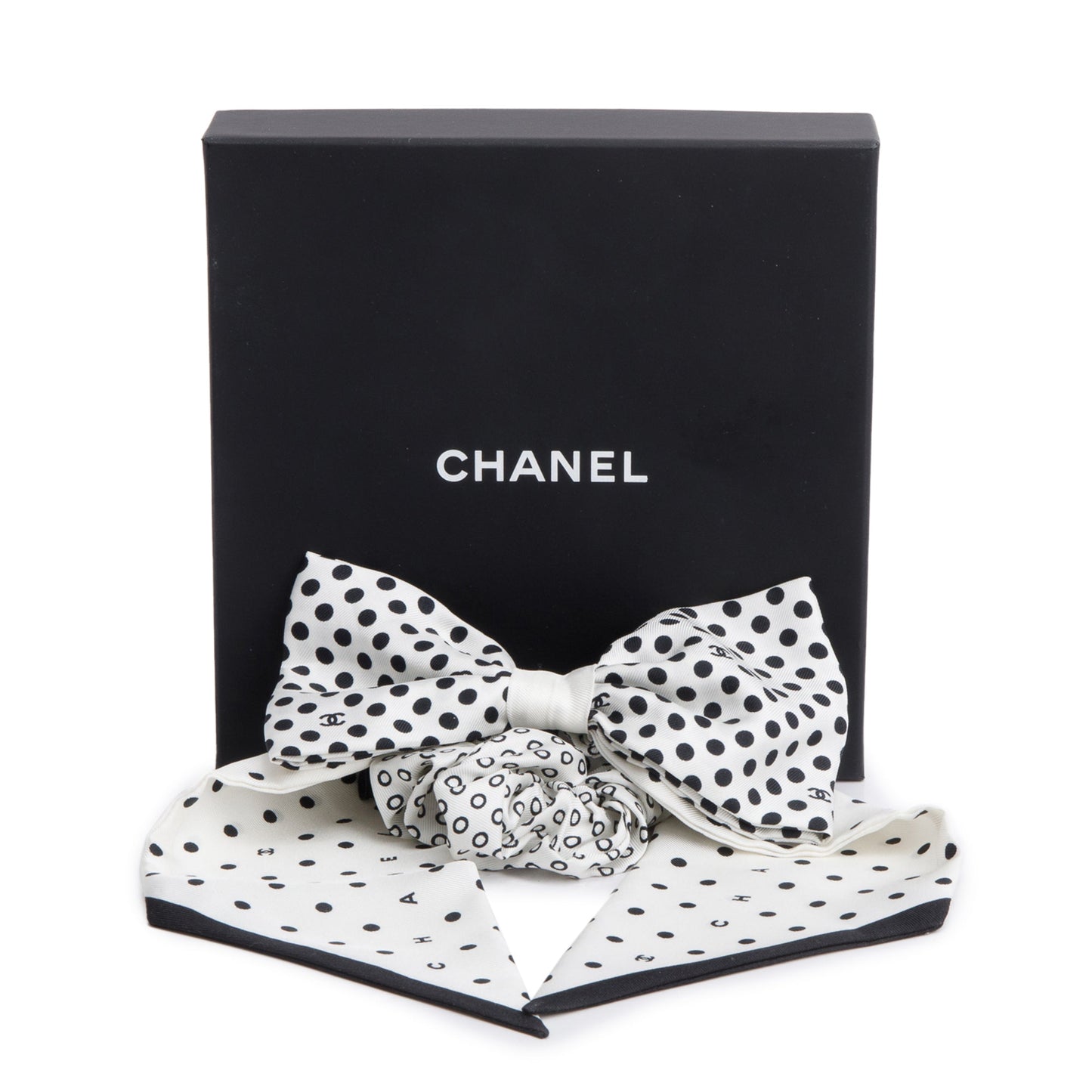 Chanel White/Black Silk CC Logo Bow Hair Scrunchie