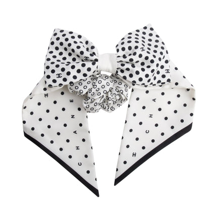 Chanel White/Black Silk CC Logo Bow Hair Scrunchie
