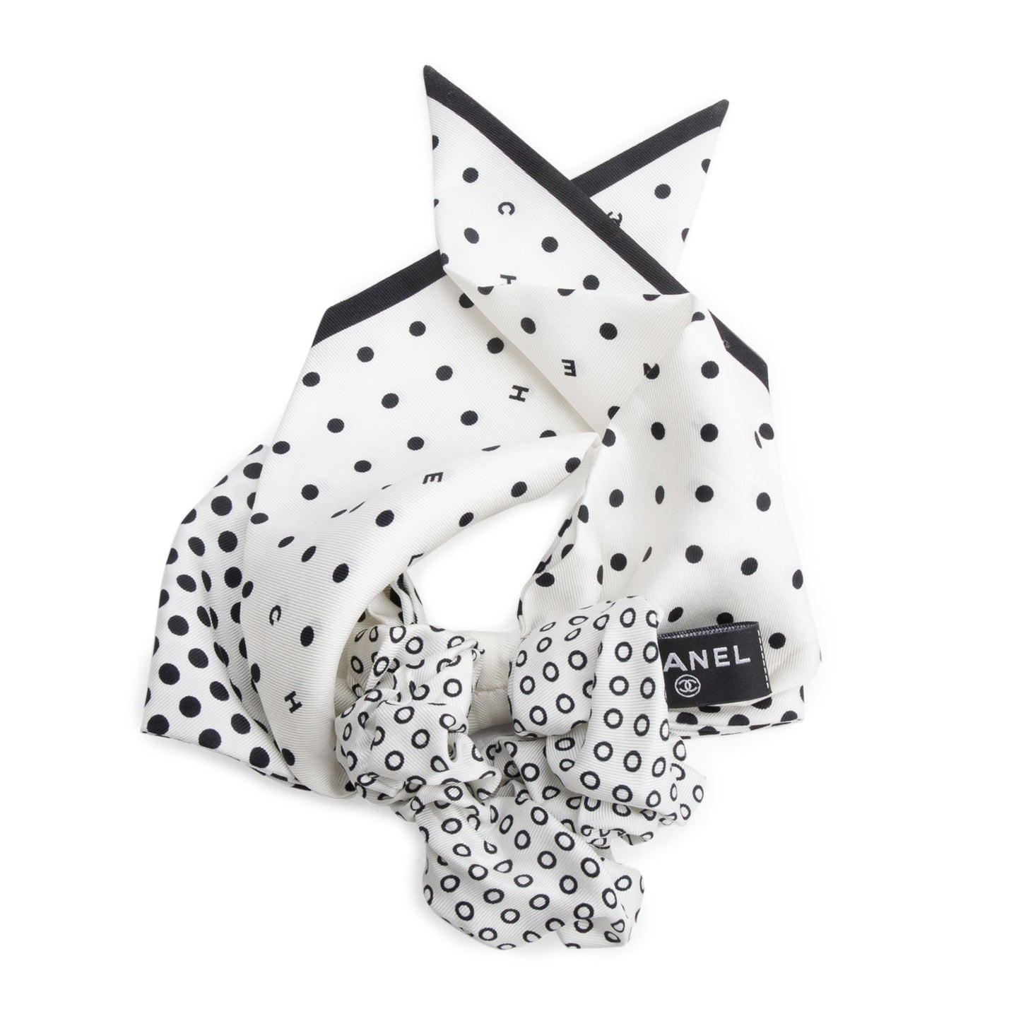 Chanel White/Black Silk CC Logo Bow Hair Scrunchie
