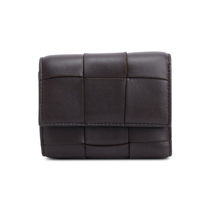 Bottega Veneta Brown Intreccio Nappa Leather Cassette Tri-Fold Zip Wallet
