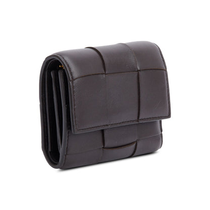Bottega Veneta Brown Intreccio Nappa Leather Cassette Tri-Fold Zip Wallet