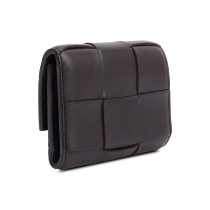 Bottega Veneta Brown Intreccio Nappa Leather Cassette Tri-Fold Zip Wallet