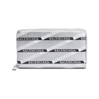 Balenciaga Metallic Silver Logo Print Calfskin Leather Everyday Zip Around Wallet