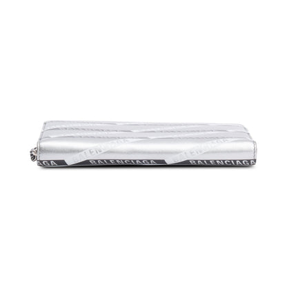 Balenciaga Metallic Silver Logo Print Calfskin Leather Everyday Zip Around Wallet