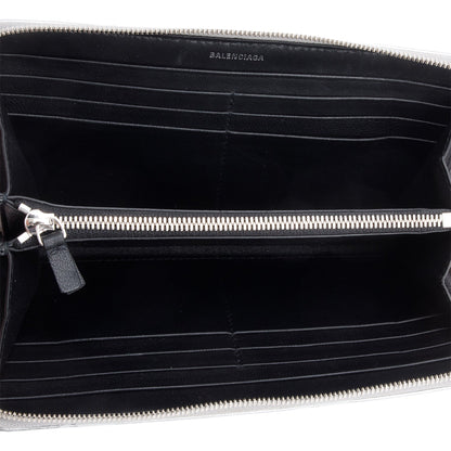 Balenciaga Metallic Silver Logo Print Calfskin Leather Everyday Zip Around Wallet
