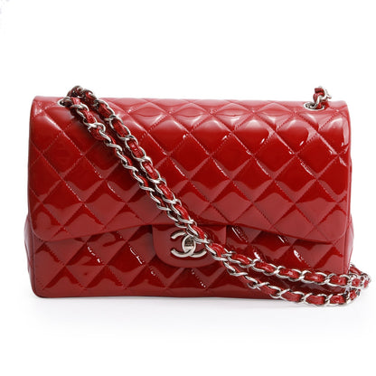 Chanel Red Quilted Patent Leather Classic Jumbo Double Flap Bag