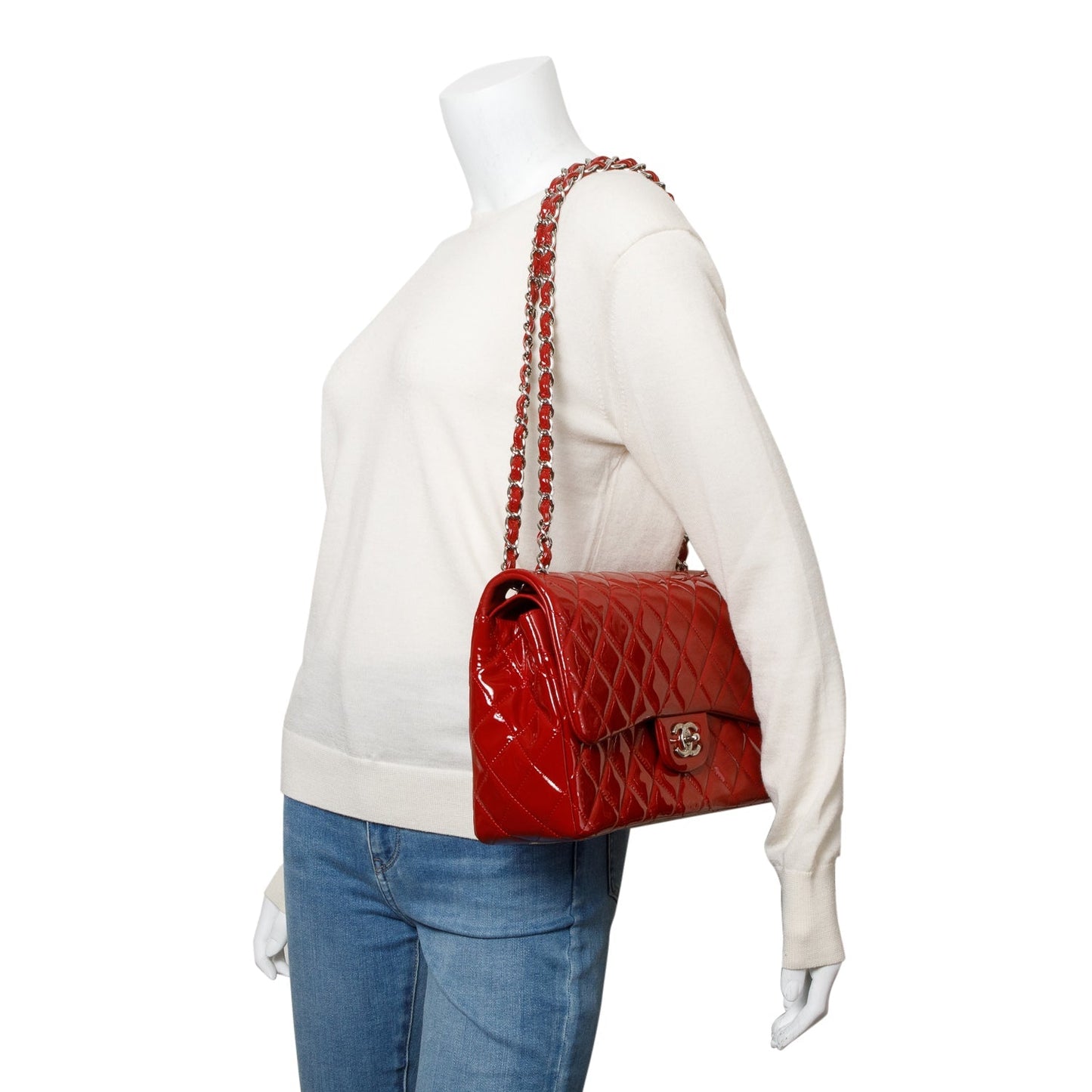 Chanel Red Quilted Patent Leather Classic Jumbo Double Flap Bag