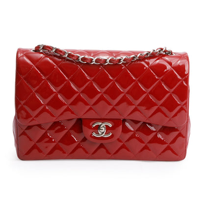 Chanel Red Quilted Patent Leather Classic Jumbo Double Flap Bag
