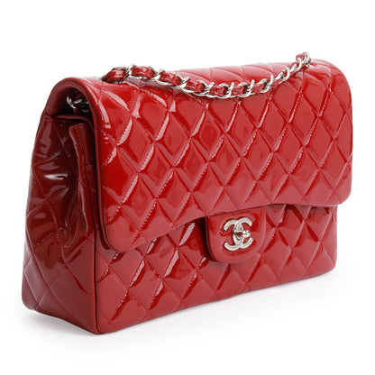 Chanel Red Quilted Patent Leather Classic Jumbo Double Flap Bag